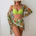 Dreiteiliges Bikini-Set für Damen mit neongrünem Top und Strickjacke mit Ananas-Print - S / Ananas-Print Shorts 3-teiliges Set