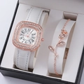Detail of luxury rose gold square watch with crystal bezel and matching rose bracelet - White (Watch with Bracelet)