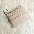 Multifunctional beige leather coin purse with three zippers and metal keychain ring - Peach Pink