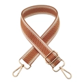 Detail of woven bag strap with brown and beige chevron pattern and gold metal hooks - Tan