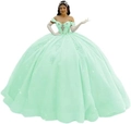 Elegant mint green off-shoulder ball gown with sequined embroidery and voluminous tulle skirt - Mint Green with Train