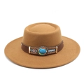 Camel flat brim felt fedora hat with turquoise stone and ethnic embroidery band - M (56-58cm) / Khaki
