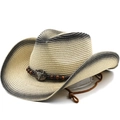Unisex straw cowboy hat with bull skull metal charm and adjustable chin strap - M (56-58cm) / Beige Gradient Black