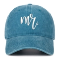 Detail of Mr. embroidery on a washed navy cotton vintage style baseball cap - Lake Blue Mr.