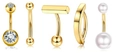 Golden 5-piece belly button ring set in stainless steel with cubic zirconia and pearls - Black