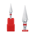 Macro detail of OMTC07 ceramic nail drill bit with red ring and cross-cut texture surface - Red Ring Standard Tapered Style (OMTC07)