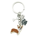 Silver metal pet keychain featuring Corgi dog, black paw print, and bone charm - Pet Dog Paw Bone Style (ER416)