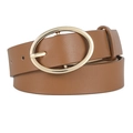 Brown leopard pattern PU belt with polished gold oval buckle on a clean white background - Caramel color