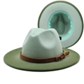 Detail of wool fedora featuring light green crown and army green brim with leather belt - M (56-58cm) / Mint Green + Army Green