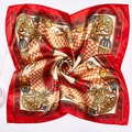 Detail of red and gold baroque print scarf with silk texture and chain motifs - Red Net Pattern