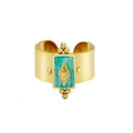 Vintage gold stainless steel star ring with rectangular turquoise stone for women - Adjustable Open / Teal