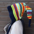 Rainbow striped knit hat with long tassel top and earflaps in bohemian style - One Size / Elf Hat