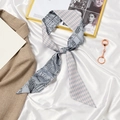 Slim French style silk hair ribbon scarf with blue checkerboard and chic illustration - Street Corner Pink Blue