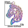 Rainbow horse head pendant with Celtic knots showing 32x22mm dimensions and 3.9g weight - Celtic Horse / Rainbow