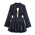 Chic black mini dress with deep V-neck, cut-out waist and structured balloon skirt silhouette - XS / Black
