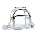 Sac bandoulière en PVC transparent avec bordure en cuir argenté et sangle en tissu gris - Version Épaissie 50 Soie / Argent