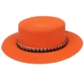 Orange flat top straw hat with black and gold metal chain band for summer sun protection - Thick Chain Decor Band Style (300B)