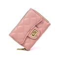 Portefeuille court matelassé rose pour femmes avec fermoir rotatif doré et fermeture éclair - Rose