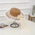 Flat top straw sun hat in natural beige with white lace trim and mesh bow ribbon - Flat Top Lace Knot - Khaki