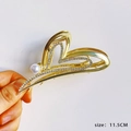Grande pince à cheveux cœur doré avec strass et perle, longueur 11,5 cm - 115# Cœur d'Or