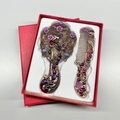 Vintage peacock hand mirror and comb gift set with colorful crystals in red box - Long Tail Single Peacock (No. 5) / Red Copper