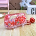 Pink transparent bus keychain with red beads, floral patterns and a red metal bell accessory - Bus Colorful Beads-Red