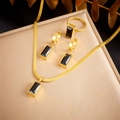 Gold-plated stainless steel jewelry set with black rectangular faceted stones and snake chain - 4-Piece Jewelry Set (Necklace + Earrings + Ring) (N2687 E5852 R460)