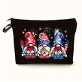 Detail of linen cosmetic bag featuring patriotic gnomes and stars on black fabric - Style 4-Gnomes with US Flag Hats
