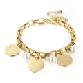 Pulsera de cadena gruesa dorada con colgantes de perlas blancas y un corazón liso - Estilo con Colgante de Corazón Moneda y Perla (KB148190-Z) / Dorado