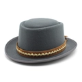 Detail of grey wool pork pie hat featuring a brown braided band and reinforced brim edge - Gray