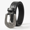 Cintura in pelle nera stile western con fibbia argento incisa a fiori su sfondo bianco - 112cm / Nero