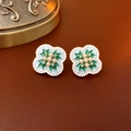 Vintage flower pearl earrings with green enamel and gold plated clover design - 38# Silver Earring Post Rhinestone Pearl Enamel Flower Studs