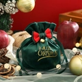 Dunkelgrüner Weihnachts-Samtbeutel mit goldenem Aufdruck, roter Schleife und Glöckchen - Klein 【10*13cm】 / Dunkelgrün - Schleife Weihnachtsbaum Logo