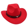 Detail of red cowboy felt hat featuring silver bull head ornament and studded band - Kids One Size(52-54cm) / Red (Bull Head)