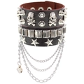 Detail of multilayer punk leather bracelet with silver skull charms and metal chains - Deep Brown Set