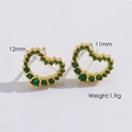 Orecchini a perno a cuore cavo placcati in oro con strass verdi, 11 mm x 12 mm - Verde