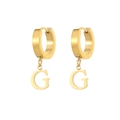 Polished gold-plated stainless steel hoop earrings featuring a bold letter G charm - Letter G Pendant Earrings (E1612-GO)