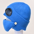 Blue knit aviator beanie set with goggles and matching face mask on model head - Blue