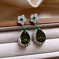 Silver needle emerald teardrop earrings with halo diamond setting and floral stud detail - Five-Petal Flower Tassel Style (68#)