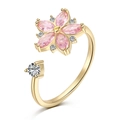 S925 Sterling Silber Drehring Blume in Gold mit rosa Steinen und Zirkonia - Einstellbar Offen / Gold