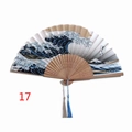 Japanese style bamboo folding fan featuring Great Wave off Kanagawa print and blue tassel - The Great Wave off Kanagawa Ukiyo-e (Style 17)