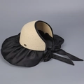 Chic satin jacquard sun hat with large straw brim and elegant black bow decoration - M (56-58cm) / Black