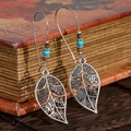 Bohemian leaf drop earrings with turquoise and brown beads on vintage book background - Hollow Leaf Multi Color Beads (S1622)