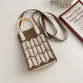 Knitted crossbody phone bag in brown and beige geometric pattern with plastic handle - Wheat Ear Pattern Khaki Beige