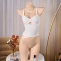 Detail showing the ribbed knit fabric and oval cut-out design on a white crop top vest - S / White