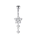 Piercing ombelico a fiore argento con zirconi pendenti su sfondo bianco - Fiore di Prugno Argento