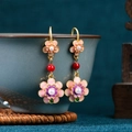 Chinese style enamel butterfly earrings with pink flower pearls and green gemstones - CP958-Vintage Red Bead Flower