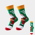 Green Christmas socks with guitar-playing Santa and HO HO HO text in mid-calf style - No. 06-Green Santa Guitar