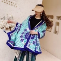 Bohemian blue and teal printed shawl with white fringe detail for beach sun protection - 180x90cm / Wave Mandala