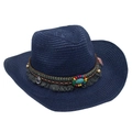 Detailed macro view of a navy blue straw cowboy hat with ethnic bead and fringe trim. - Navy Blue